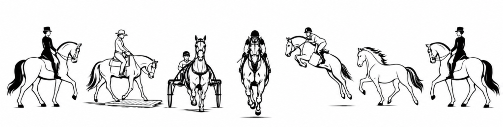 Hästar i stiliserat ikonformat visar olika discipliner (dressyr, western/trail, trav, galopp, hoppning, islandshäst och dressyr igen) för att symbolisera hur bredare perspektiv kan utveckla både ryttare och instruktörer.