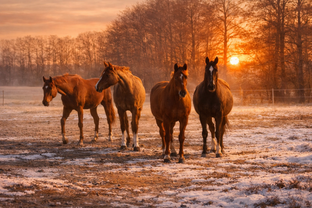 Hästar i hage en frostig morgon