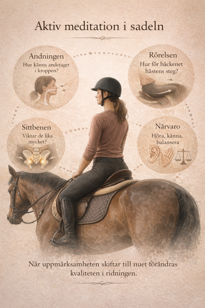 Pedagogisk illustration av aktiv meditation i sadeln med fokus på sits, andning och närvaro
