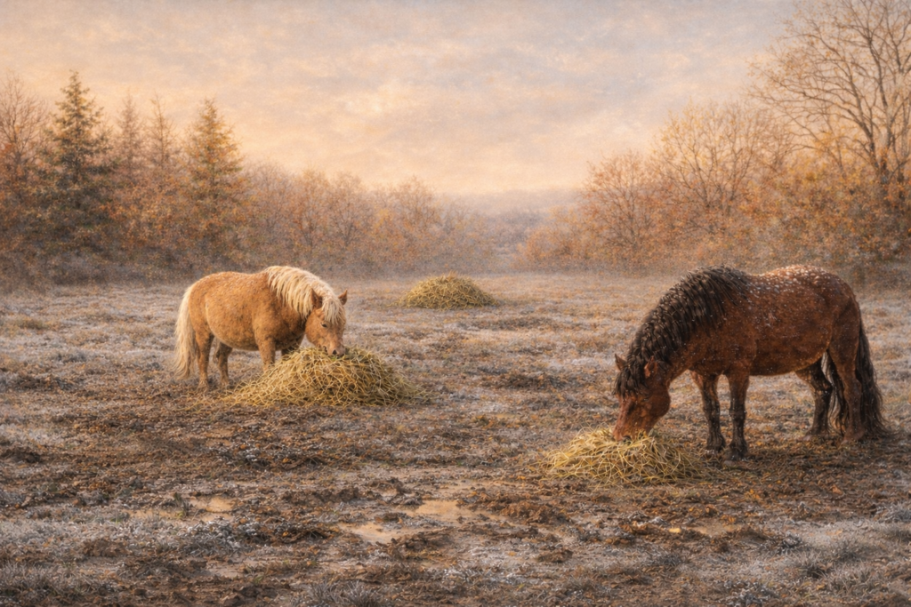 Två hästar som står och äter ene bit ifrån varandra i varsin hög. I bakgrunden syns en tredje hög.