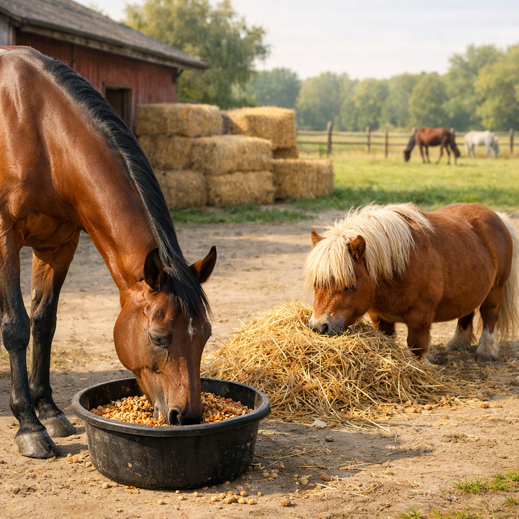 häst äter kraftfoder och halm som komplement i flock