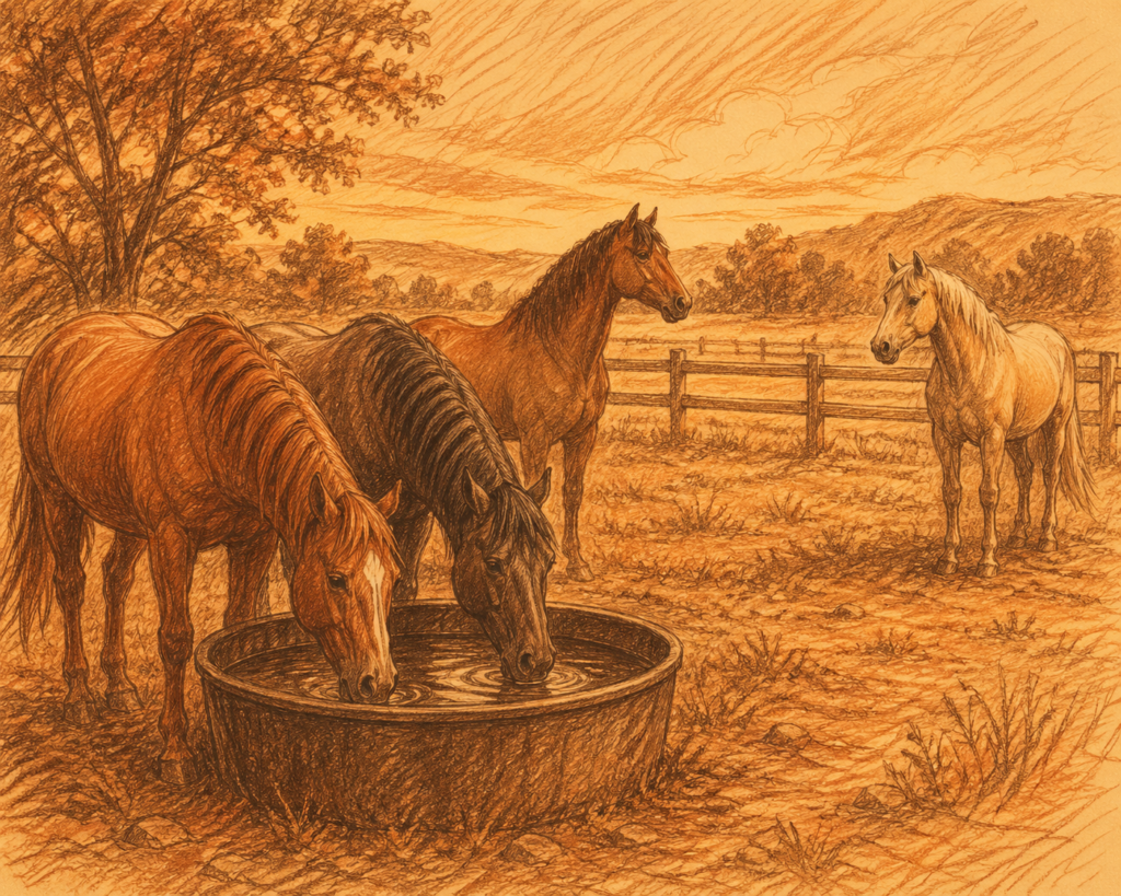 hästar vid en vattentunna där några är vid vattnet och två står avvaktande vid sidan om. Bilden vill illustrera flockdynamik vid vattnet.