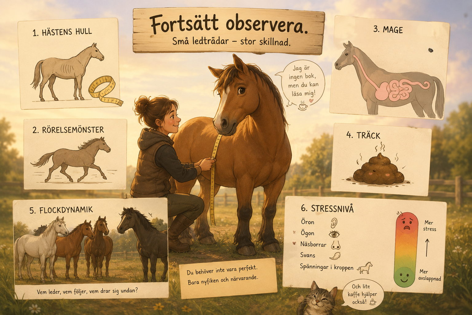 En illustrativ checklista för att se att hästen mår bra på betet