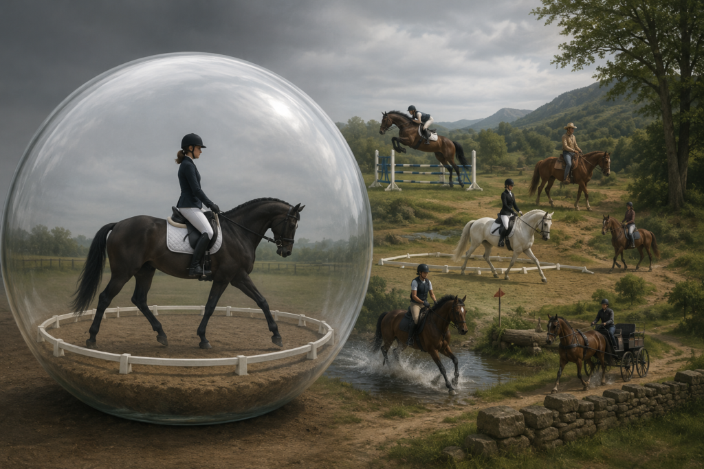 Dressyrryttare och häst rider inne i en genomskinlig bubbla medan ryttare från flera andra hästdiscipliner syns utanför. Illustrationen symboliserar hur en alltför smal kunskapsvärld kan begränsa perspektiven och vikten av att lära av andra ridgrenar.