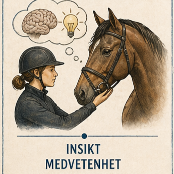 En häst och ryttare som delar en tankebubbla med en hjärna och en glödlampa inuti