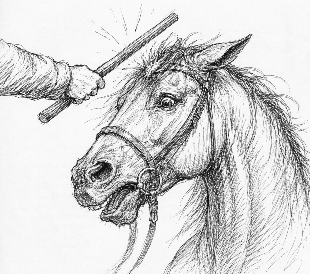 En tecknad svartvit bild på ett hästhuvud med träns ovanför huvudet syns en arm och en hand som håller i en pinne.